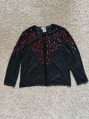 Vintage Beaded Black & Red Open Front Cardigan Jacket by AP Ltd. Size Large